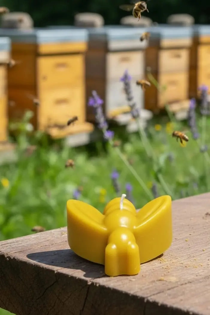 Yellow bee-shaped candle on a wooden surface with beehives and bees in the background.