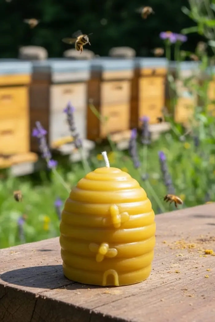 Beeswax candle shaped like a beehive with bees and bee boxes in the background.