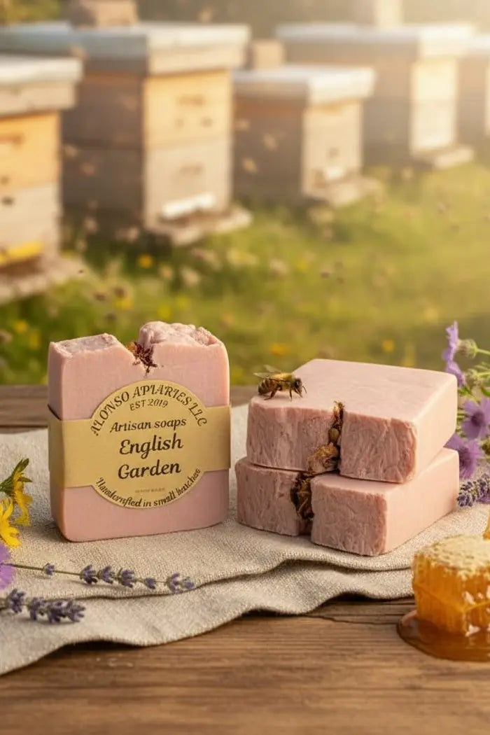 Pink soap bars with a bee on top, labeled 'English Garden', on a wooden surface with a blurred background of beehives and flowers.
