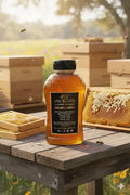 Bottle of honey with a label in front of bee hives and bees.